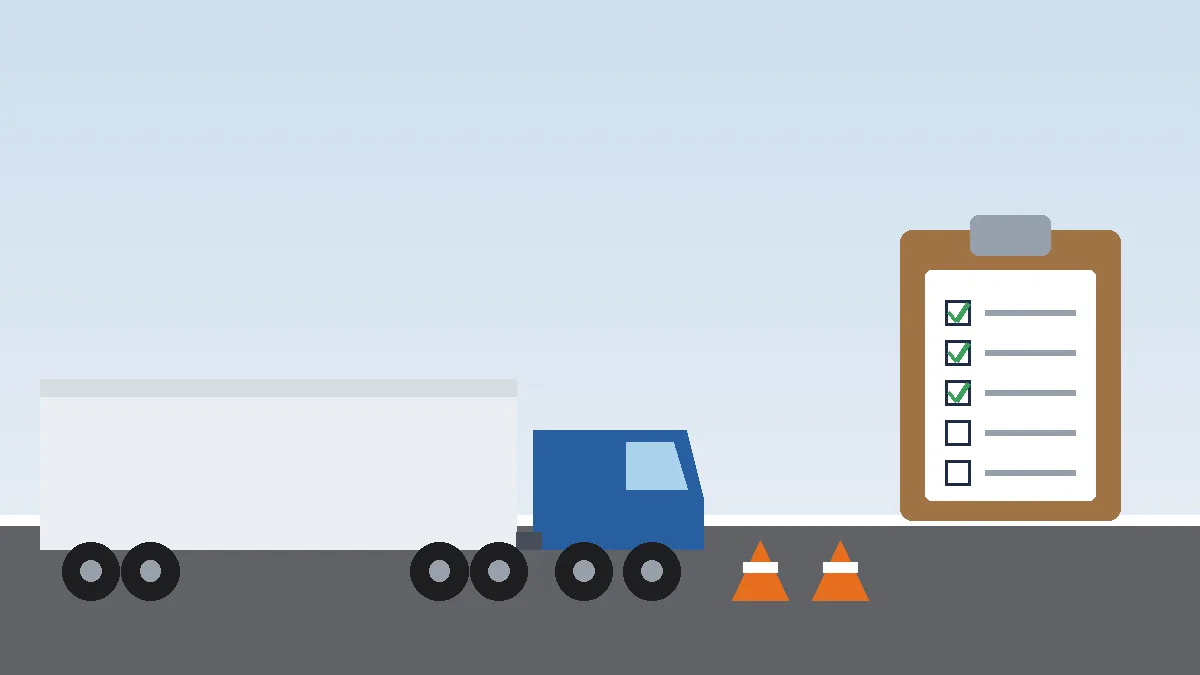 Semi truck stopped at a roadside inspection beside cones and a clipboard checklist