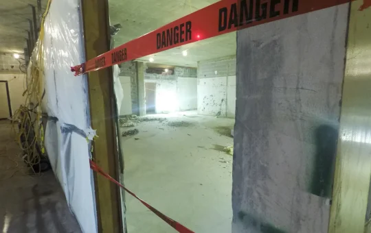 Red danger tape stretched across a doorway in a building being renovated