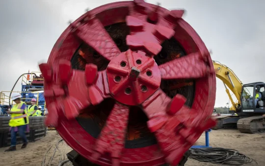 The cutterhead of a tunnel boring machine on a construction site
