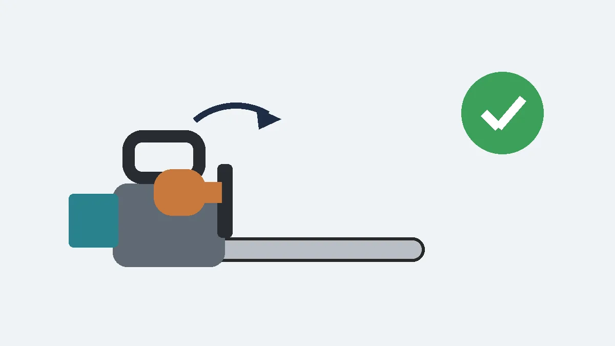 Top handle chainsaw with a hand pushing the front brake lever forward and a green check mark beside it