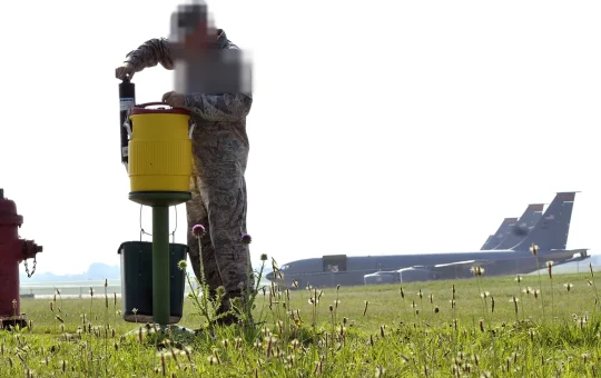 A man checks a lidded yellow water cooler on a stand with a single-use cup dispenser and a cup bin underneath