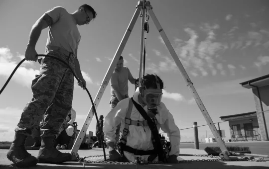 An attendant tends the line as an entrant in a respirator descends through a rescue tripod