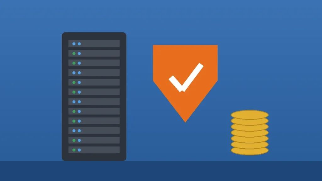 Flat drawing of a server rack beside a shield and a stack of coins on a plain blue background