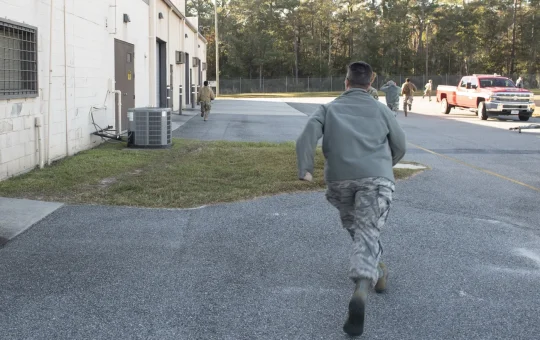 A worker jogs away from a building toward the assembly area during an evacuation drill