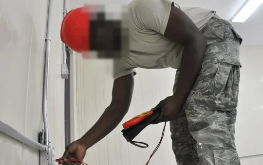 A worker in a hard hat tests an outlet with meter leads