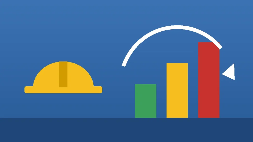 Three bars of different heights beside a hard hat and falling price arrow on blue background