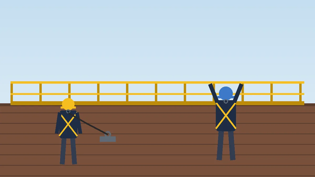 Roofer tied off to a roof anchor while a second worker checks the guardrail along the roof edge