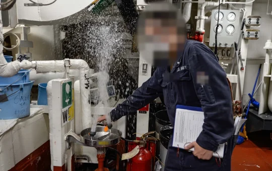 A worker with a checklist turns on an emergency eyewash station to check that water flows properly