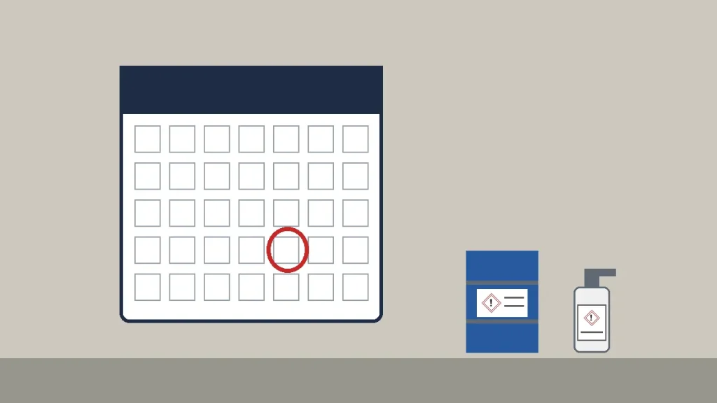 Wall calendar with one date circled in red next to a labeled chemical drum and spray bottle