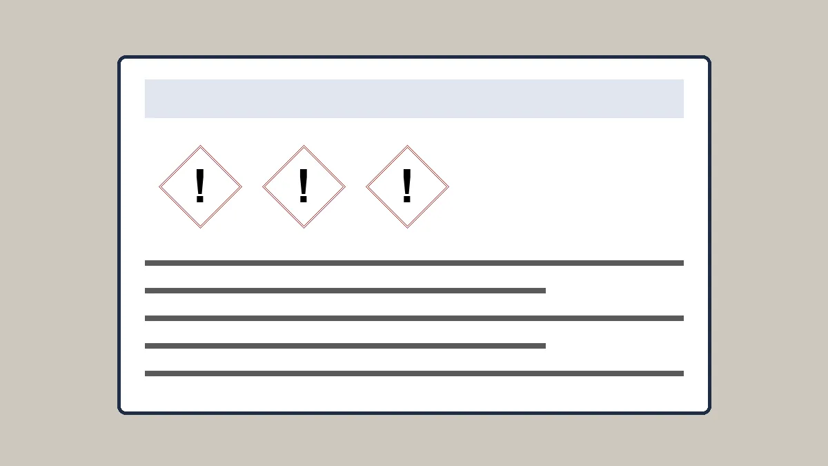 Sample chemical label layout showing a product name bar, three hazard pictograms and lines of hazard and precaution text