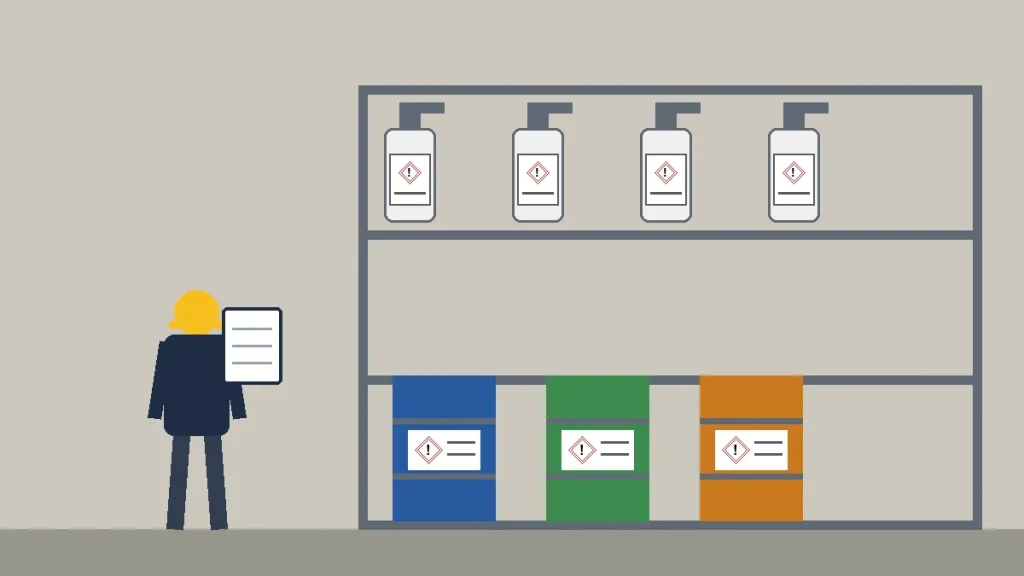 Supervisor with a clipboard beside a shelf of labeled chemical bottles and drums