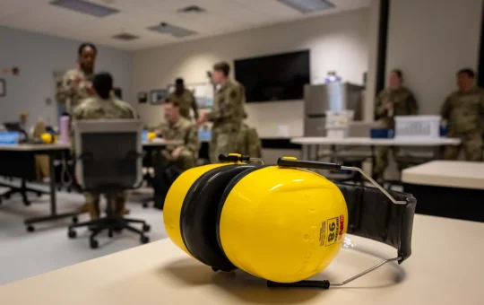 A pair of yellow hearing protection earmuffs rests on a table in a classroom