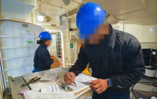 A worker in a hard hat checks and signs shipment paperwork on a clipboard in a hazardous material storeroom
