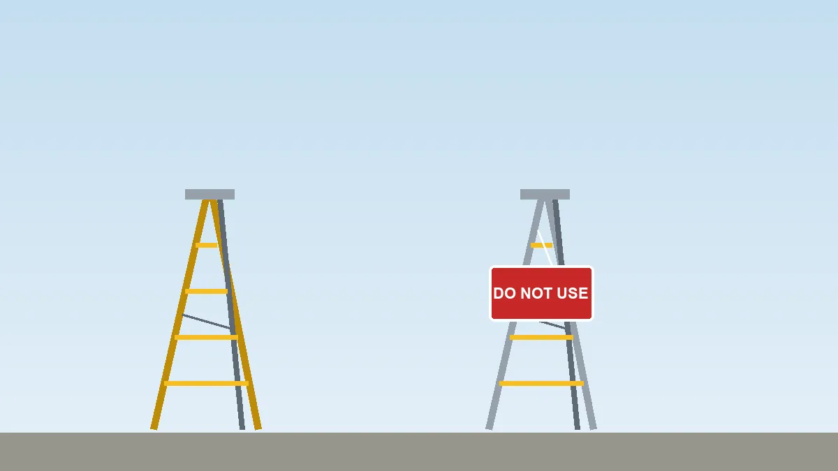 A good stepladder next to a damaged stepladder tagged Do Not Use