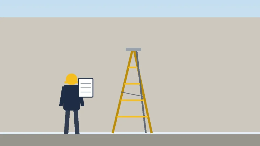Supervisor with a clipboard standing next to a stepladder set up against a wall