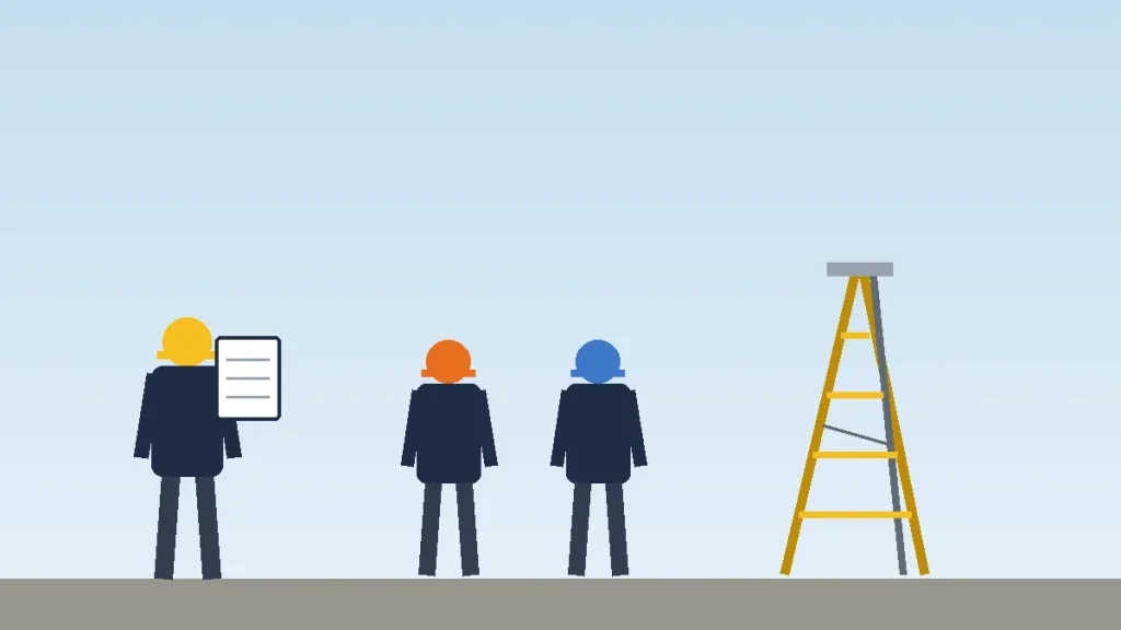 Trainer with a clipboard talking to two workers beside a stepladder on a job site