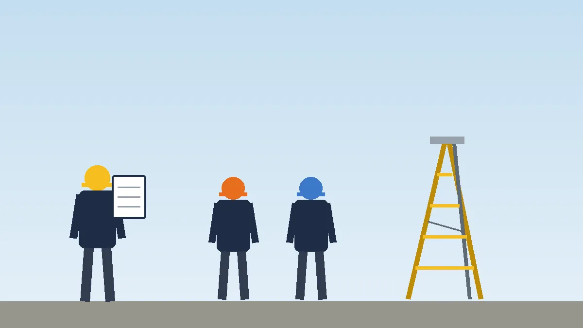 Trainer with a clipboard talking to two workers beside a stepladder