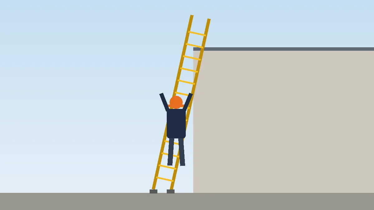 Worker climbing an extension ladder while facing it, with the side rails above the wall