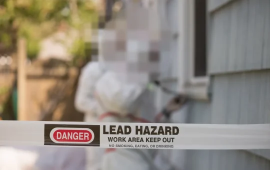 Painters in hooded protective suits remove old paint from house siding behind a DANGER LEAD HAZARD work area tape
