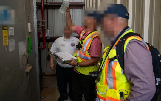Two OSHA inspectors in safety vests check an emergency eyewash bottle while a facility manager watches