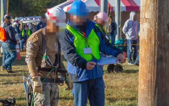 A lineman in climbing gear listens as a man in a vest reads from a sheet