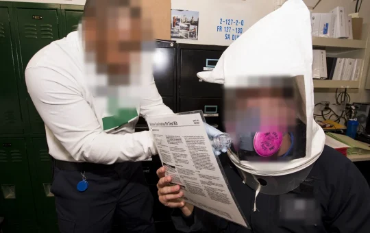 A trainer runs a fit test on a worker wearing a test hood over a half-mask respirator