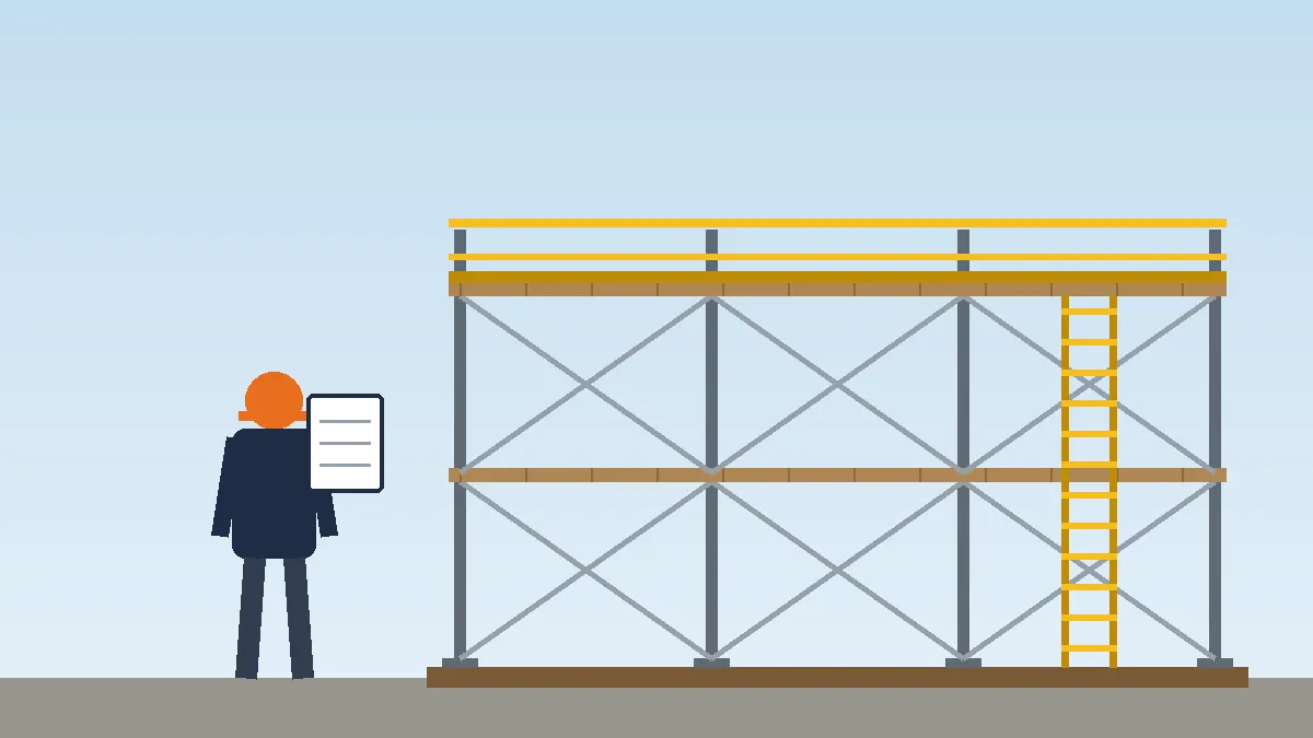 Competent person checking a scaffold frame and planks with a clipboard before the work shift starts