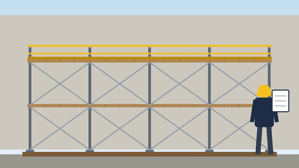 Supervisor with a clipboard walking along the base of a frame scaffold