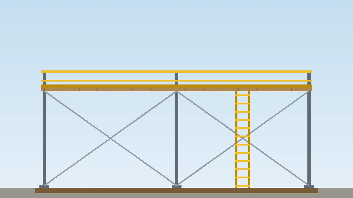 Close look at scaffold planks, a guardrail and a ladder access point checked during a scaffold inspection