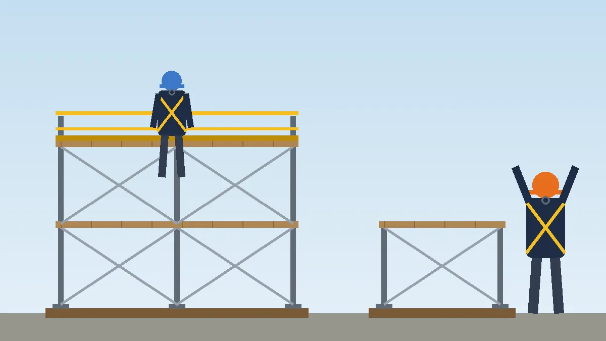 Worker on a scaffold platform behind a guardrail while a second worker builds a new scaffold frame below