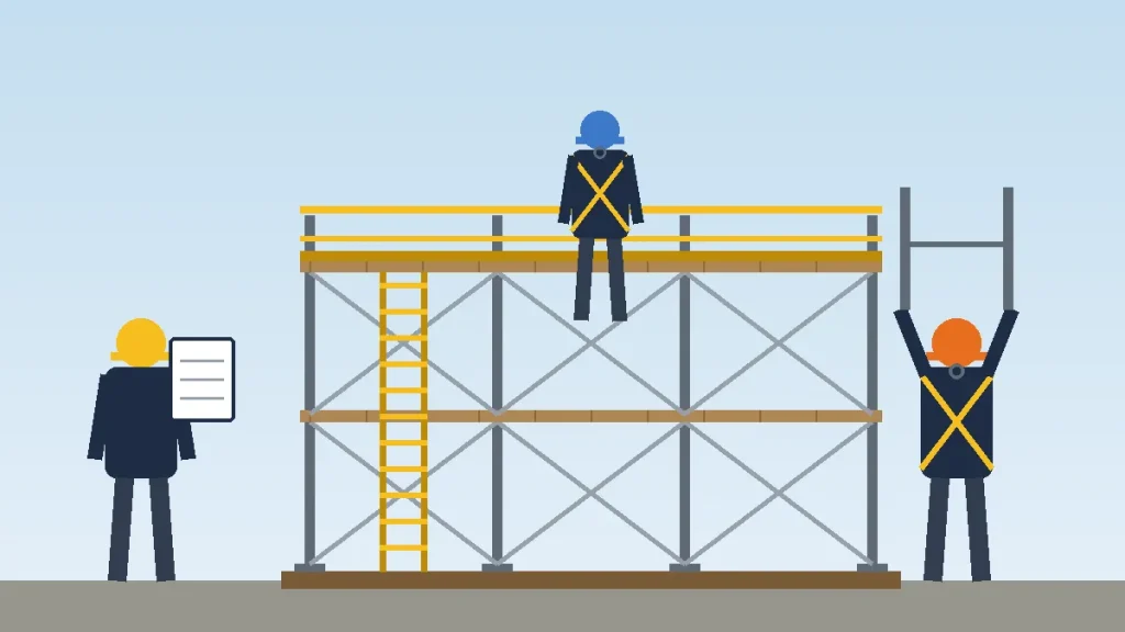 Three construction workers at a scaffold, one on the platform, one building a frame and one holding a clipboard