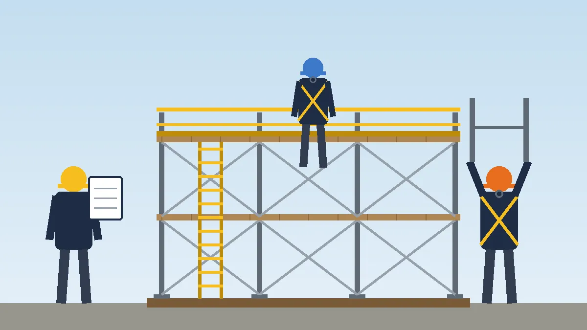 Three construction workers at a scaffold, one on the platform, one building a frame and one holding a clipboard
